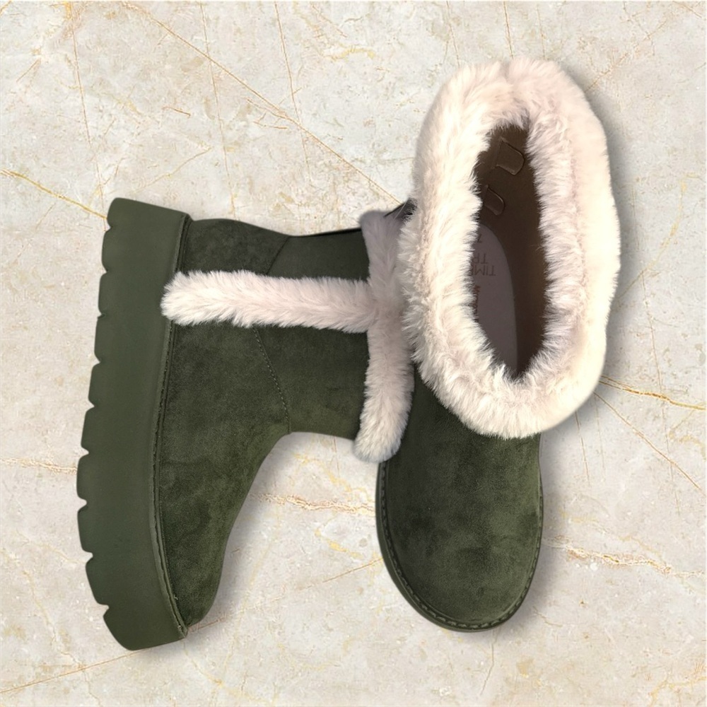 🫒🆕🫒Time & Tru Women’s Mini Faux Fur Cozy Boot In Olive-Size 7 - Picture 8 of 8